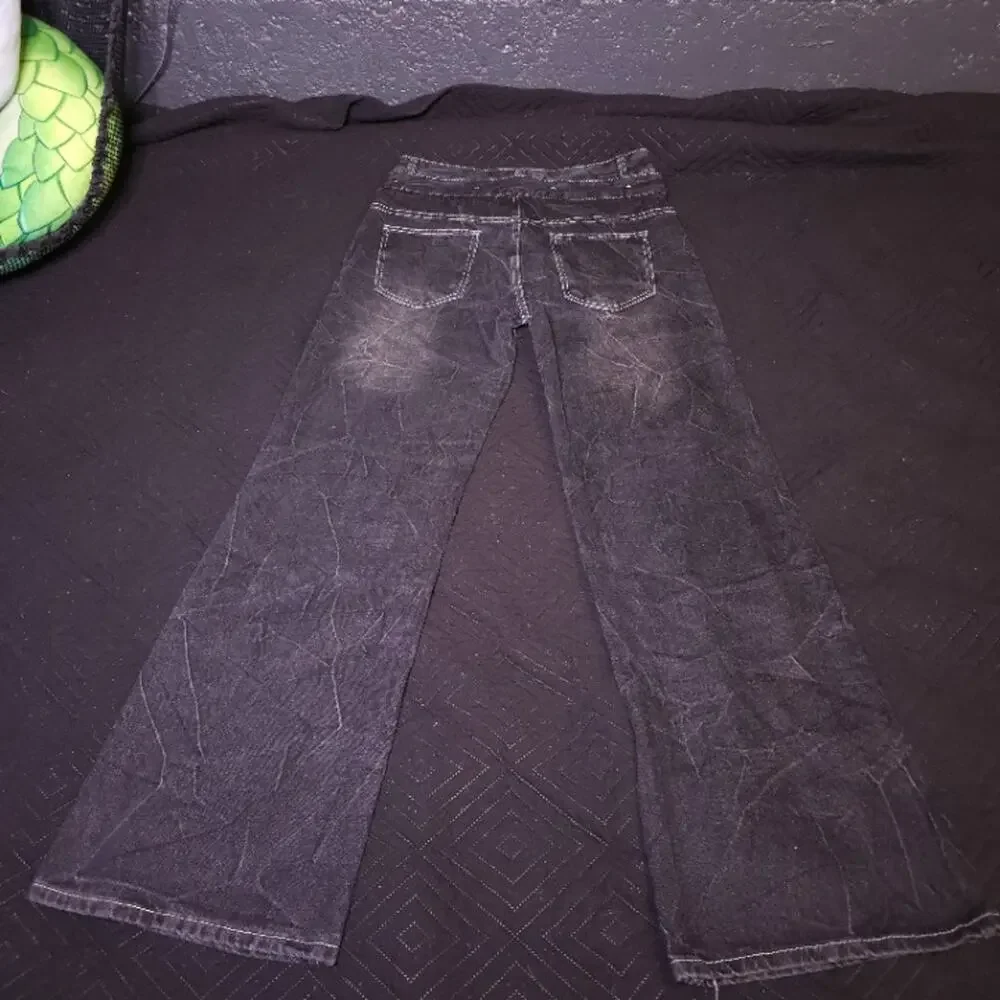 #5 │ Studded Drawstring Ripped Straight Leg Punk Jeans Black W30 42in